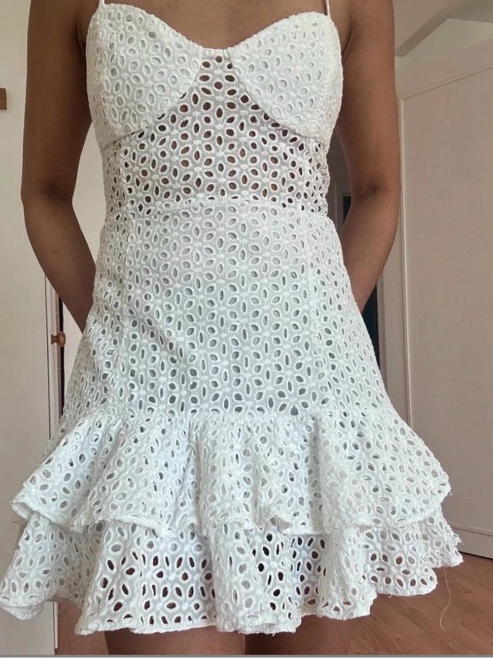 Zara White Eyelet Spaghetti-Strap Mini Dress great almost new, sz xs